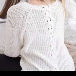 White knit chunky sweater, braided back